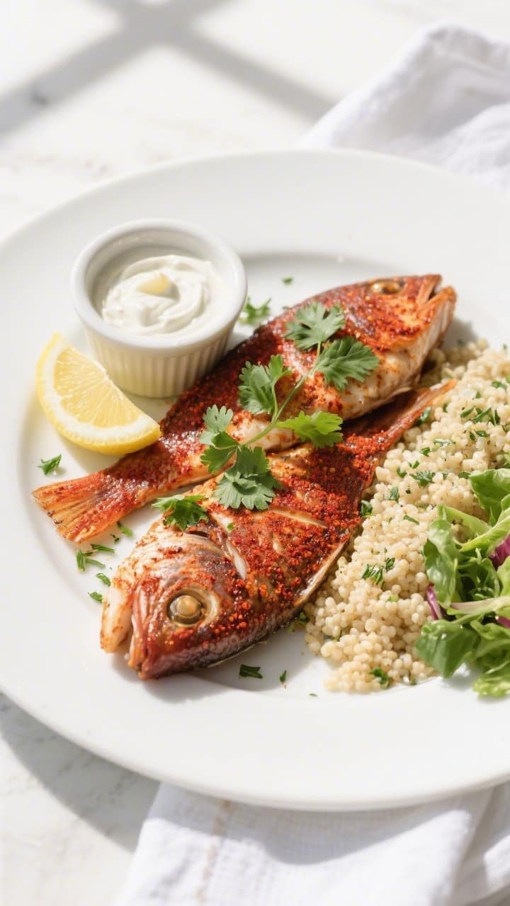 Final dish, tasty top view: Overhead shot of Spiced Air Fryer Snapper plated on a white ceramic plat