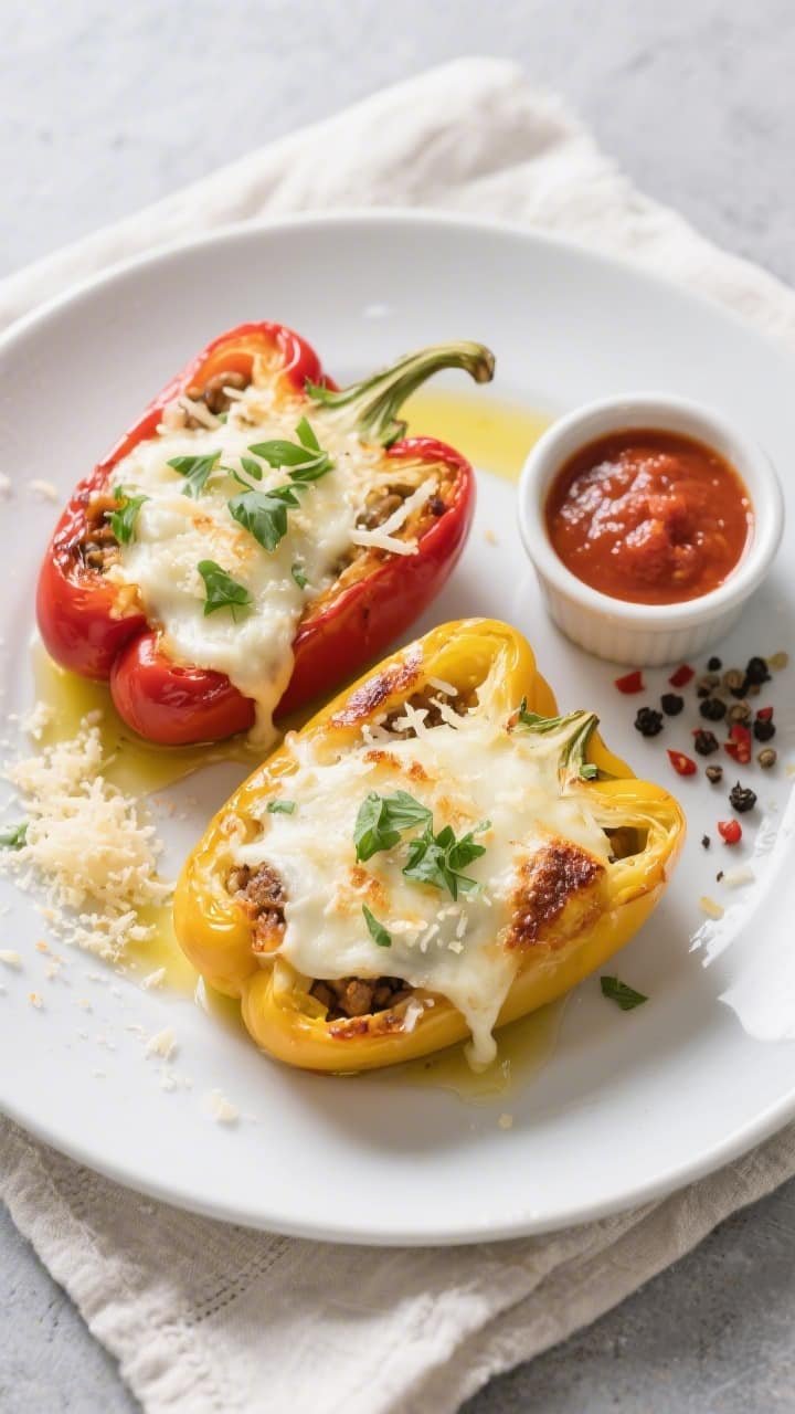Final dish, tasty top view: Overhead shot of two air fryer keto stuffed peppers plated on a matte wh
