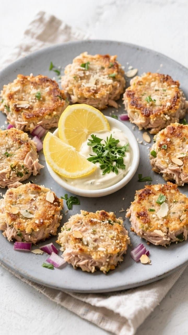 Final dish, top-down: Overhead shot of eight keto air fryer tuna patties arranged on a cool-gray cer