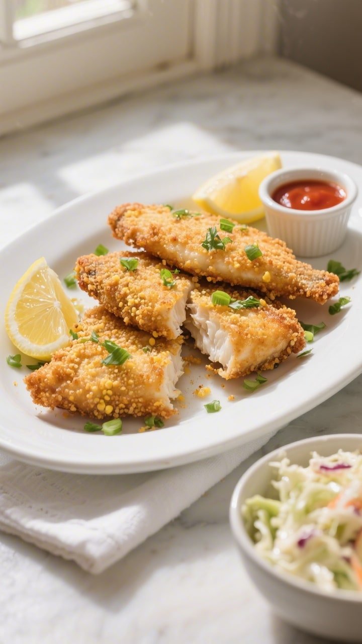 Final dish/top-down presentation: Overhead shot of Southern Style Air Fryer Whiting plated on a whit