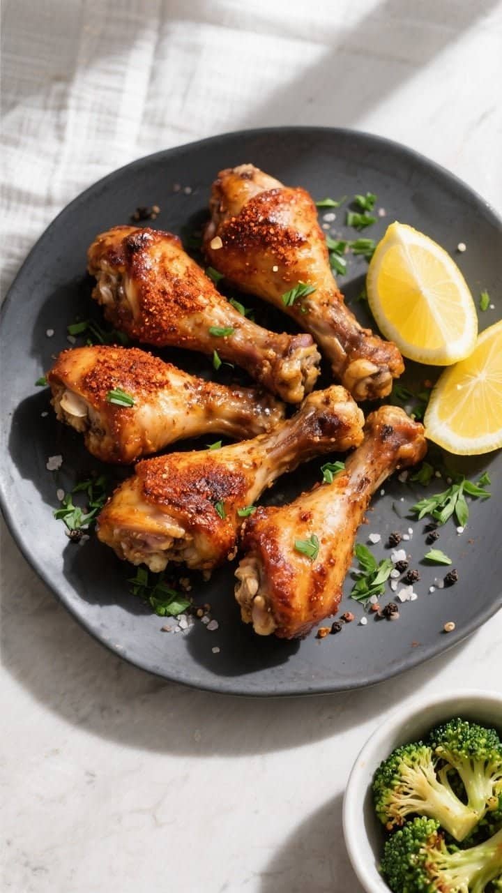 Final dish, top view: Overhead shot of a platter of air fryer keto chicken drumsticks, deeply browne