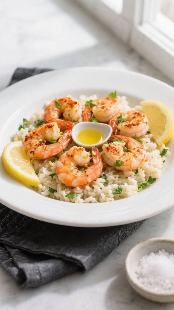Final dish, top view: Overhead shot of Air Fryer Keto Shrimp with Garlic plated on a white ceramic s