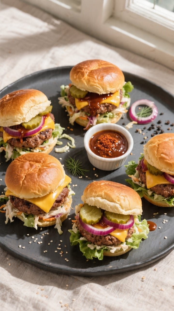 Final dish, top view: Overhead shot of assembled Air Fryer BBQ Turkey Burgers on toasted brioche bun