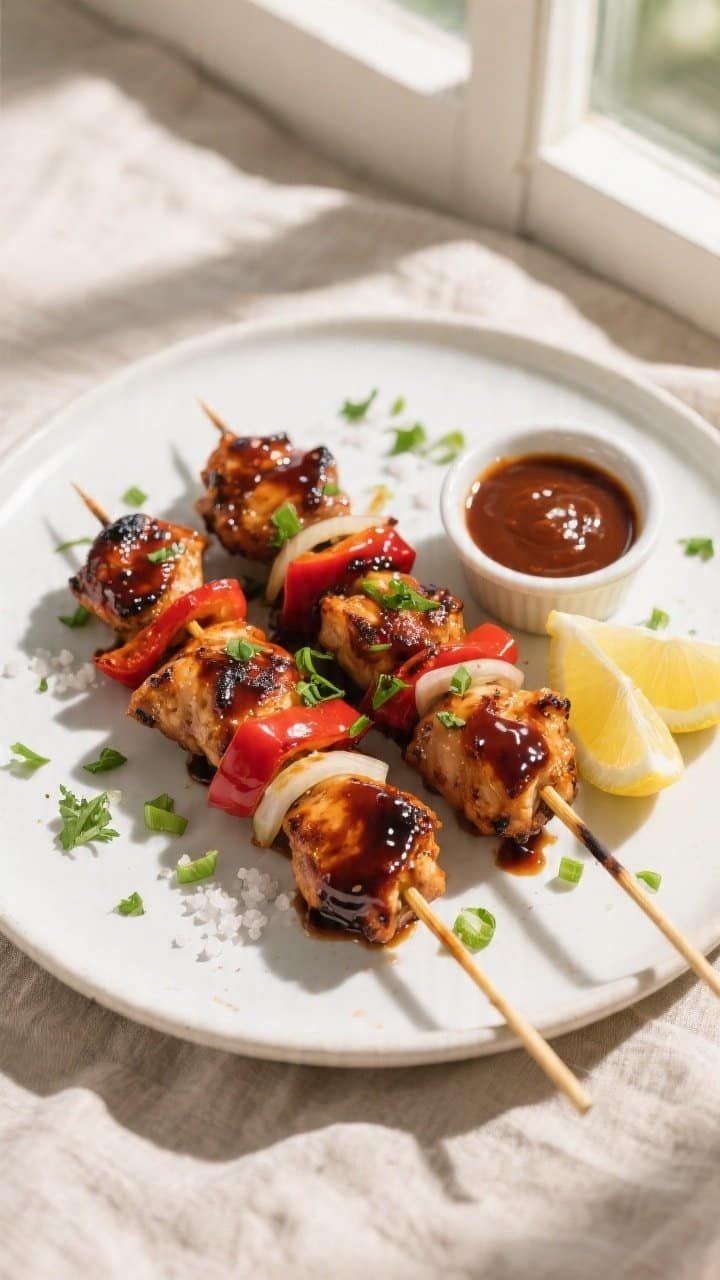 Final dish, top view: Overhead shot of finished Air Fryer BBQ Chicken Skewers arranged on a matte wh