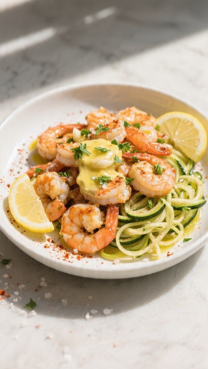 Final dish, top view: Overhead shot of keto garlic butter shrimp piled in a shallow white bowl, gene