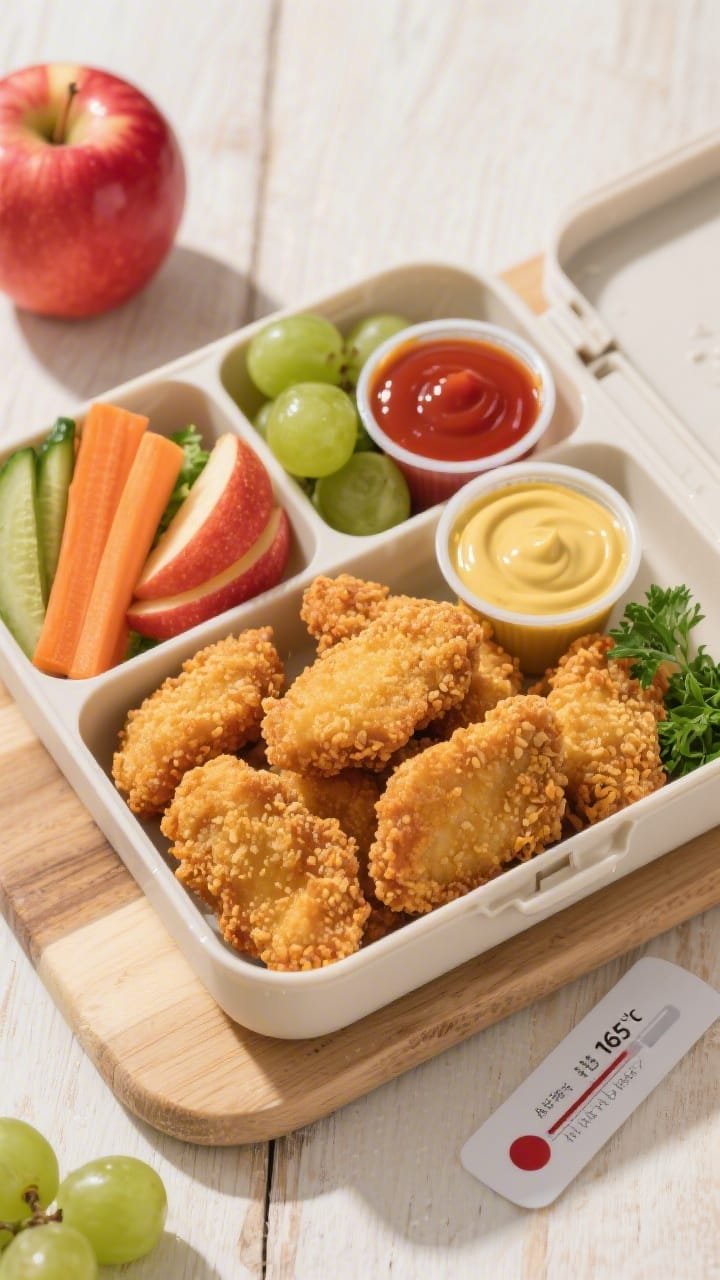 Final lunch-box overhead: Tasty top view of air fryer chicken nuggets arranged in a bento-style lunc