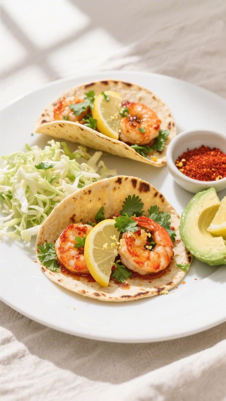 Final plated dish — taco-style presentation: Overhead shot of air fryer shrimp tacos on warm charr