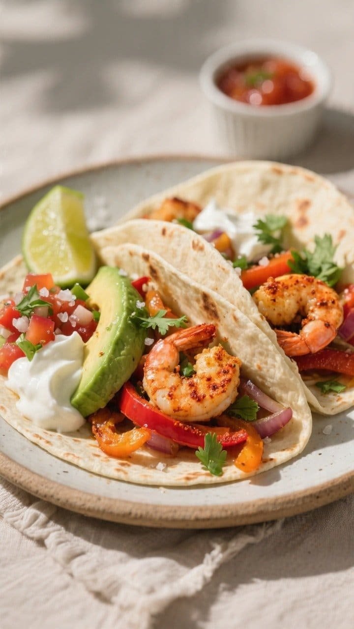 Final plated fajitas, close-up detail: Warm flour tortillas partially folded, stuffed with juicy air