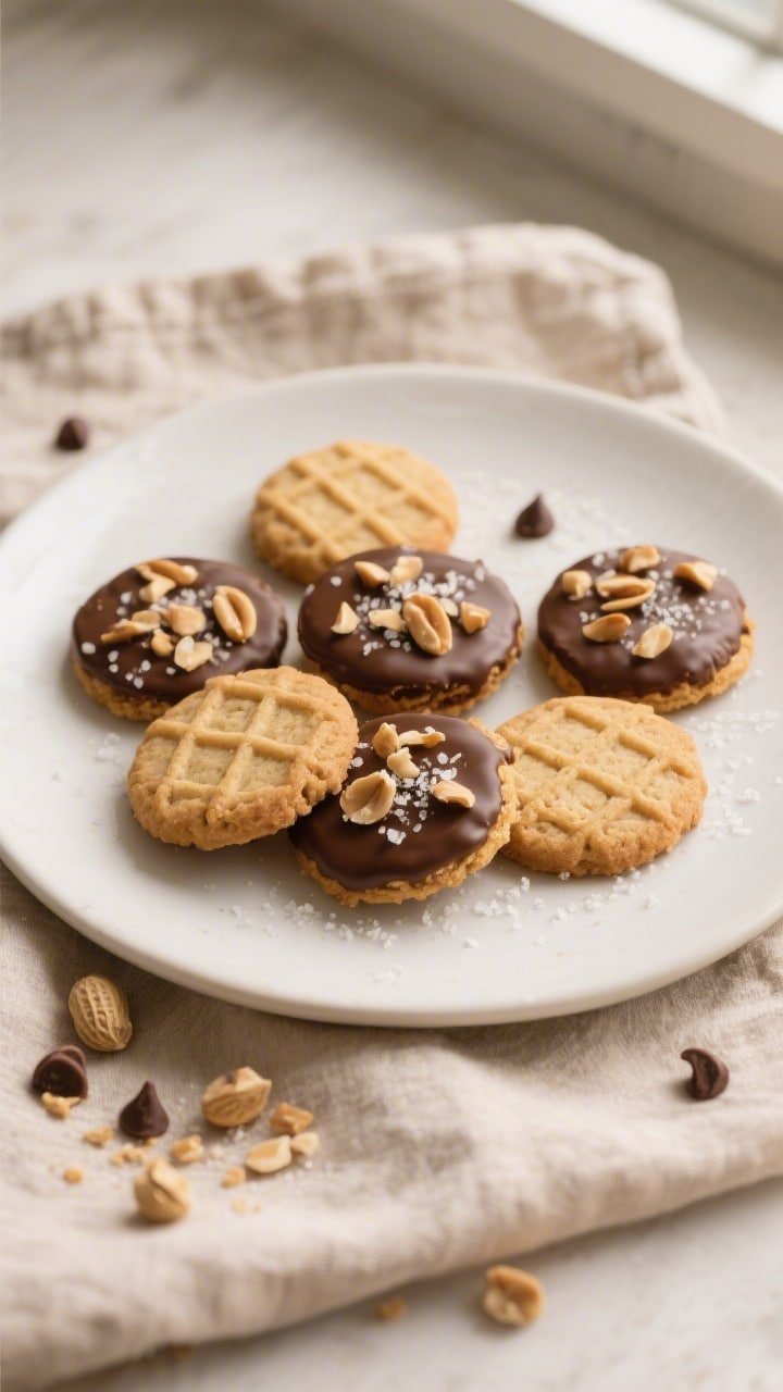 Final plated overhead: A small-batch of peanut butter cookies arranged on a matte white plate, each 