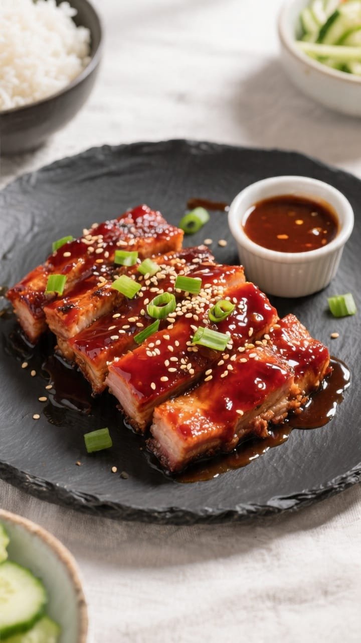 Final plated overhead: Air Fryer BBQ Pork Belly piled on a dark slate plate, glossy with a thick, st