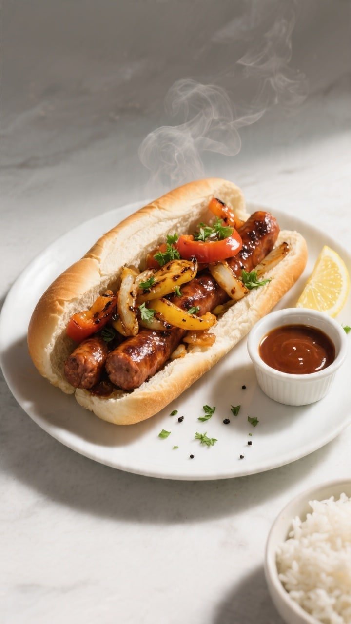 Final plated overhead: Air Fryer BBQ Sausage and Peppers piled into a toasted hoagie roll on a matte