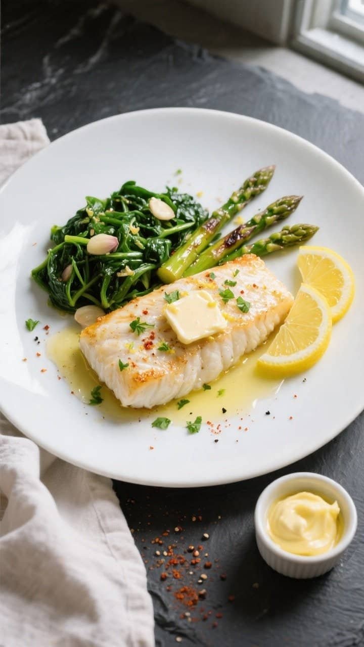 Final plated overhead: Beautifully plated Air Fryer Keto Cod with Lemon Butter, top-down on a matte