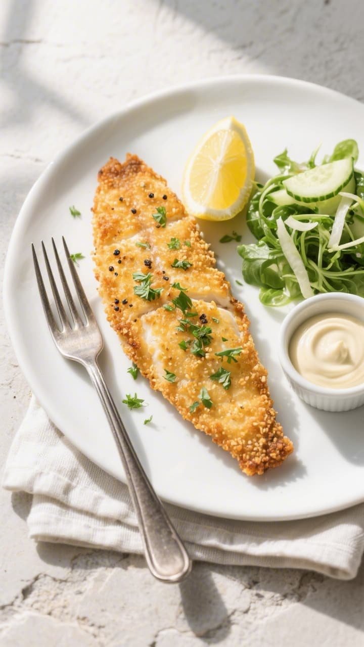 Final plated overhead: Crispy air fryer basa fillets plated on a matte white oval plate, topped with