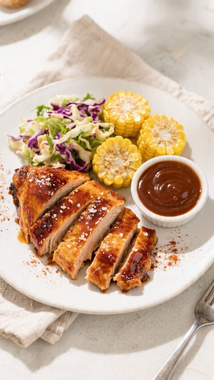 Final plated overhead: Easy Air Fryer BBQ Chicken sliced and fanned on a white ceramic dinner plate,