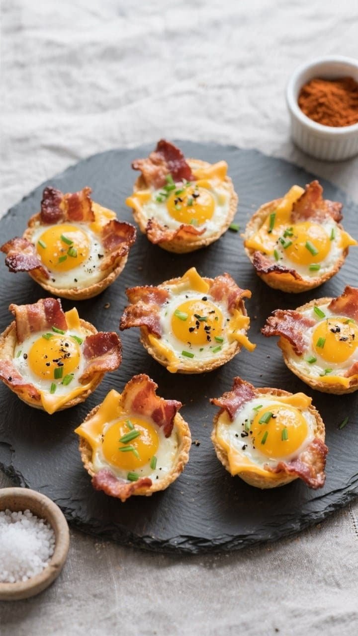 Final plated overhead: Eight keto air fryer bacon and egg cups arranged on a matte slate platter, ea