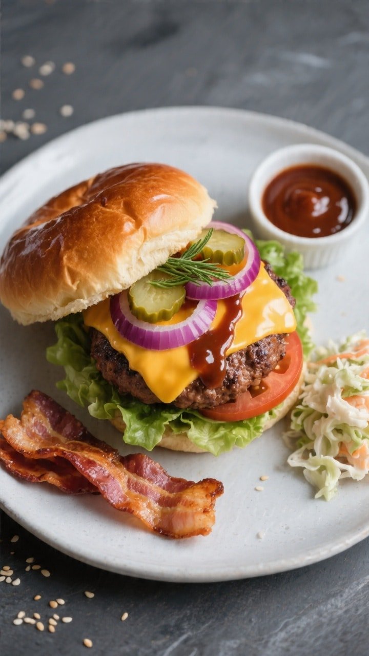 Final plated overhead: Fully assembled BBQ burger on a toasted brioche bun, glossy BBQ sauce swipe o