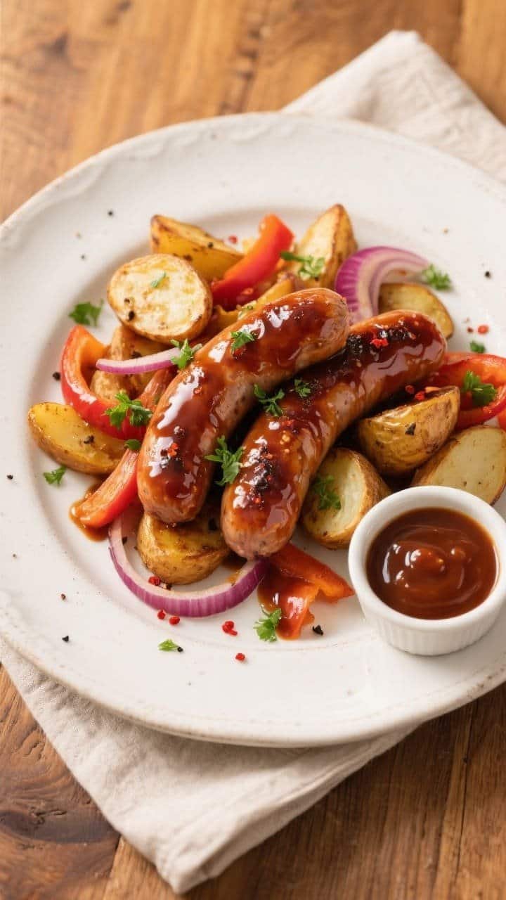 Final plated, overhead hero shot: Air Fryer BBQ Sausage and Potatoes glazed in sticky-sweet barbecue