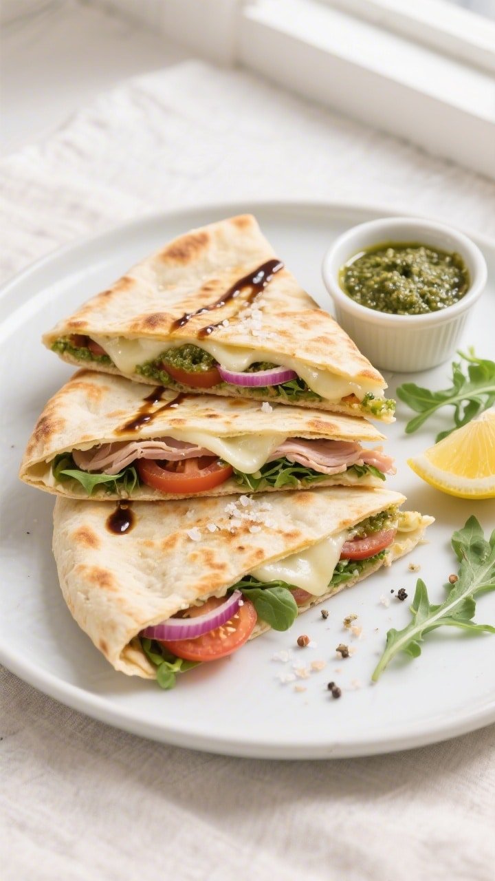 Final plated, overhead hero: Tasty top-down shot of an air-fried flatbread sandwich (Greek pita fold