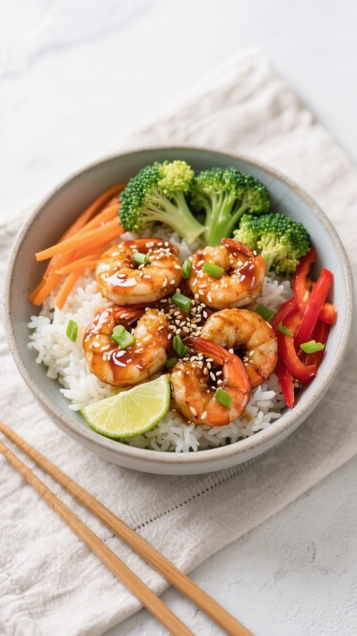 Final plated overhead: Honey Garlic Shrimp Air Fryer Bowl arranged over fluffy white jasmine rice wi