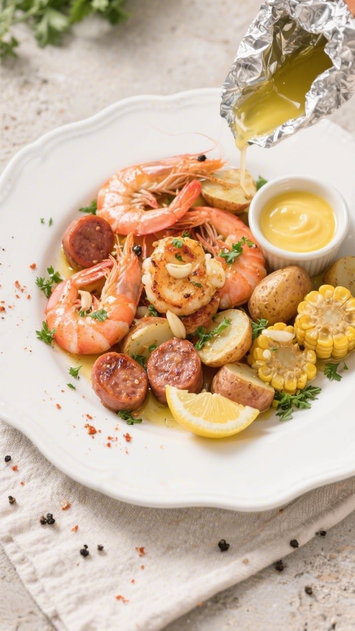 Final plated overhead: Overhead shot of a deconstructed air fryer shrimp boil poured from foil onto 