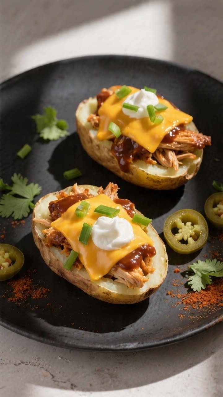 Final plated overhead: Overhead shot of BBQ chicken stuffed potatoes on a dark matte plate—each po