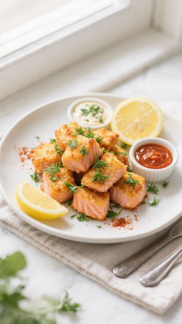 Final plated, overhead presentation: Tasty top-view of golden, crispy air fryer keto salmon bites pi