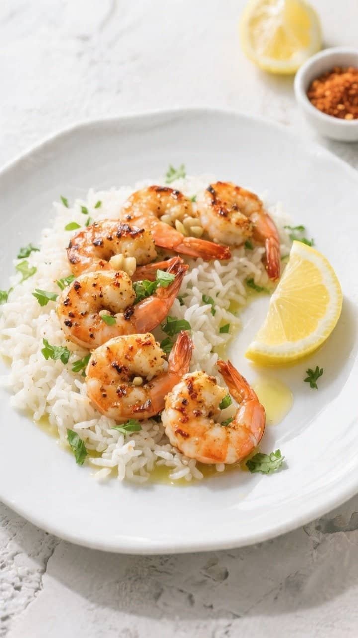Final plated overhead: Restaurant-quality plate of Ninja air fryer shrimp, arranged in a neat cresce