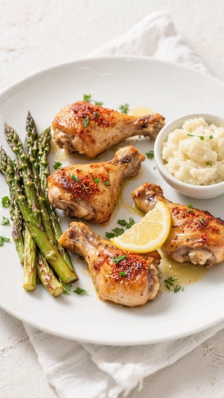 Final plated overhead: Restaurant-quality presentation of keto air fryer chicken thighs on a wide wh