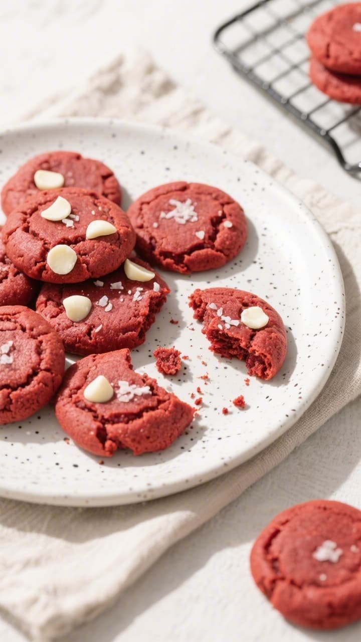 Final plated overhead shot: A small-batch spread of air-fried red velvet cookies on a white speckled