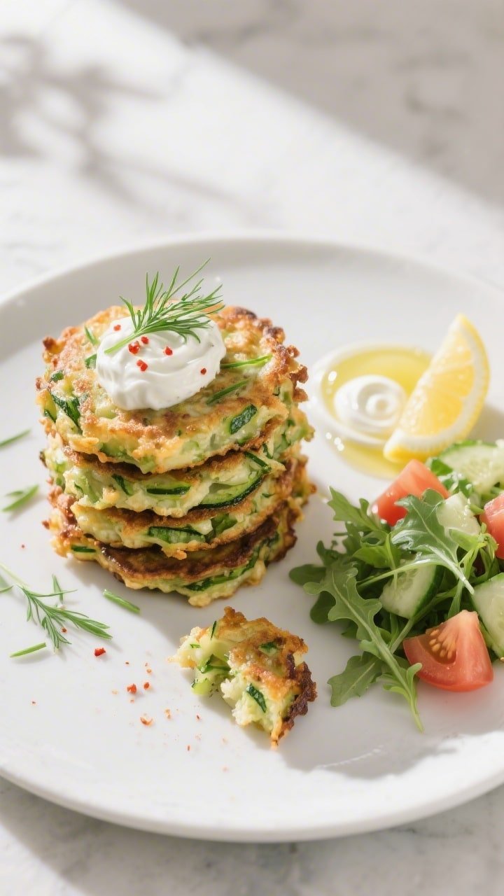 Final plated overhead shot: beautifully arranged stack of air-fried zucchini fritters on a matte whi