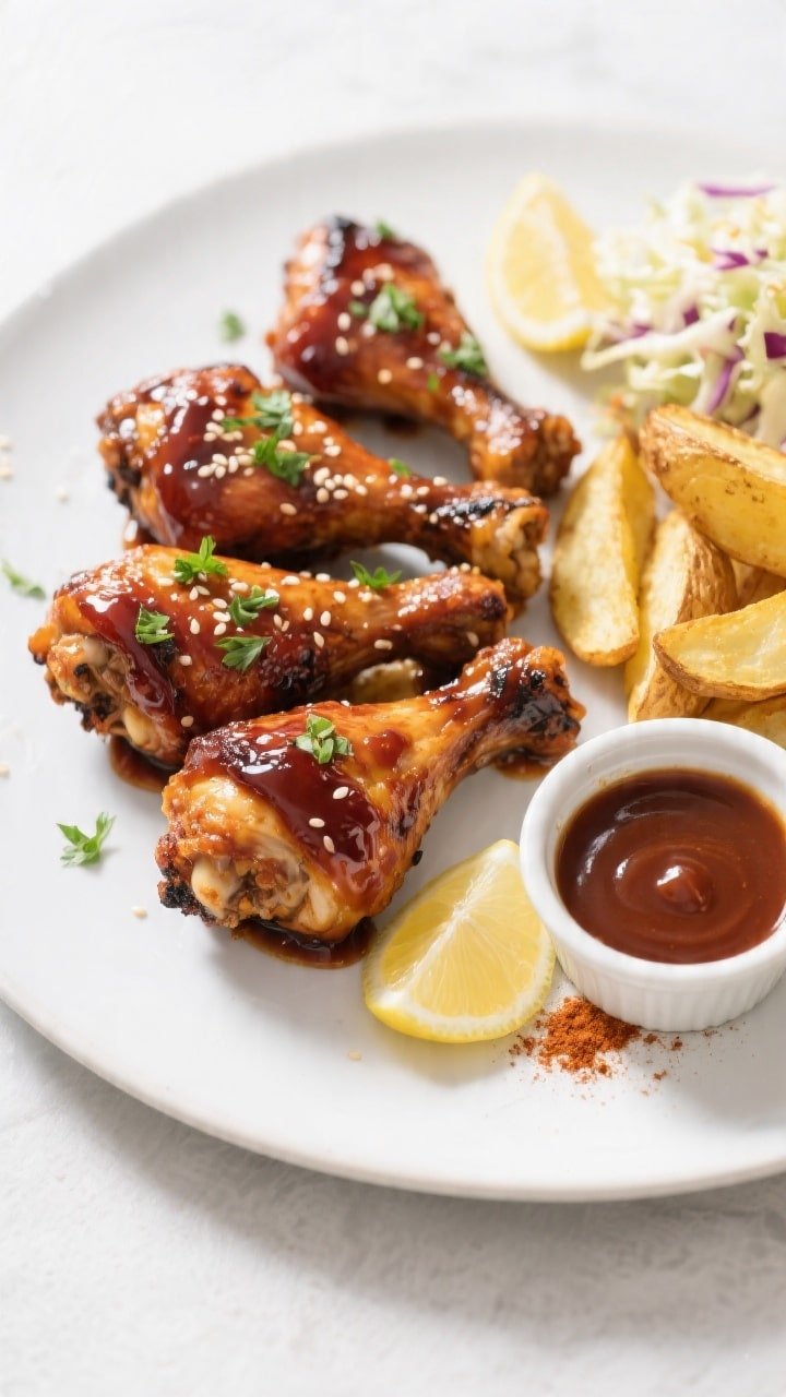 Final plated overhead shot: Beautifully plated air fryer BBQ chicken drumsticks, lacquered and gloss