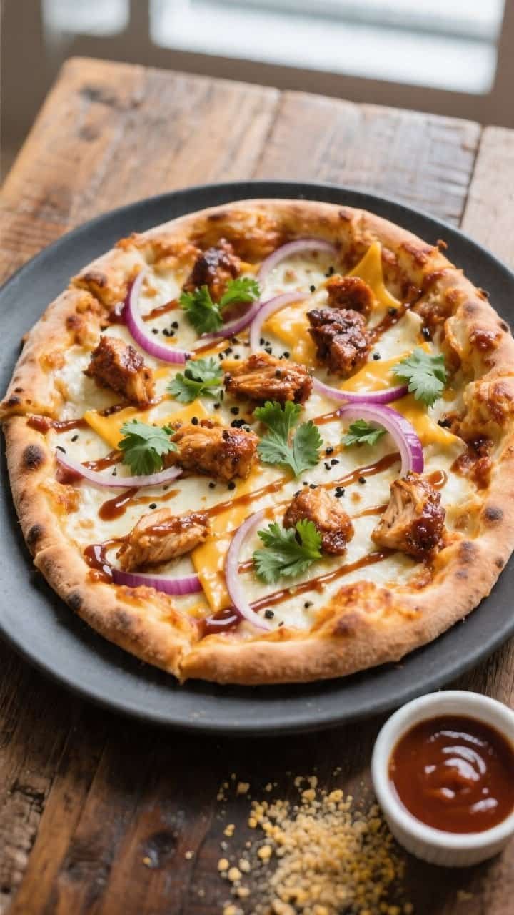 Final plated overhead shot: Finished Air Fryer BBQ Chicken Pizza on a matte charcoal plate over a ru