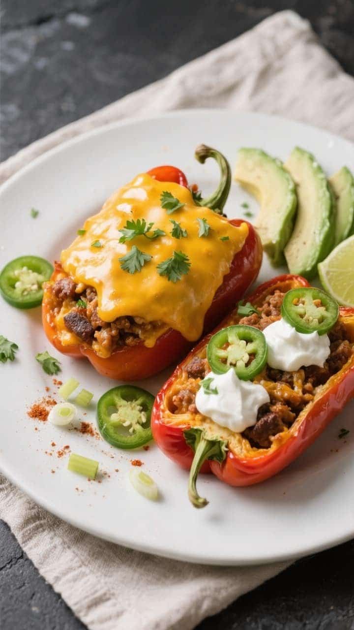 Final plated overhead shot: Finished Air Fryer Keto Taco Stuffed Peppers arranged on a matte white p