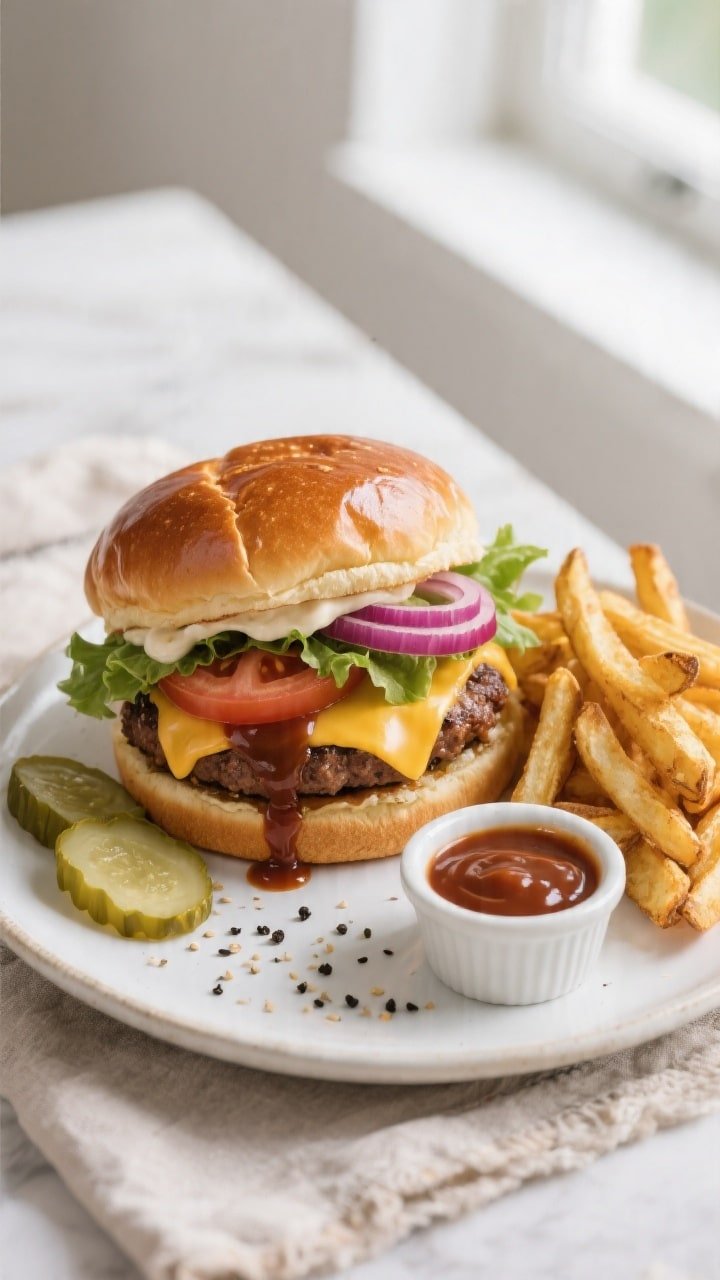 Final plated overhead shot: Fully assembled Air Fryer BBQ Cheeseburger on a toasted brioche bun, glo