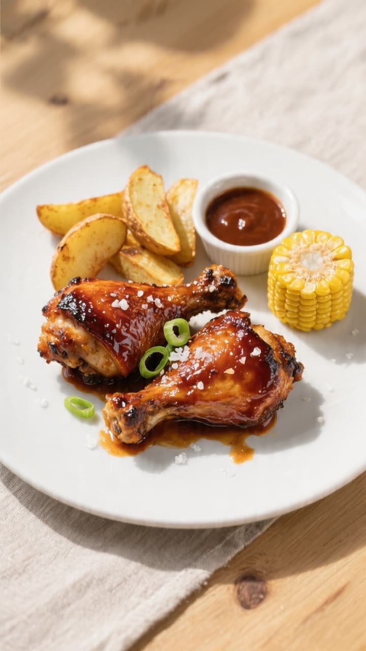 Final plated/overhead shot: Overhead view of beautifully plated air fryer BBQ chicken thighs (bone-i