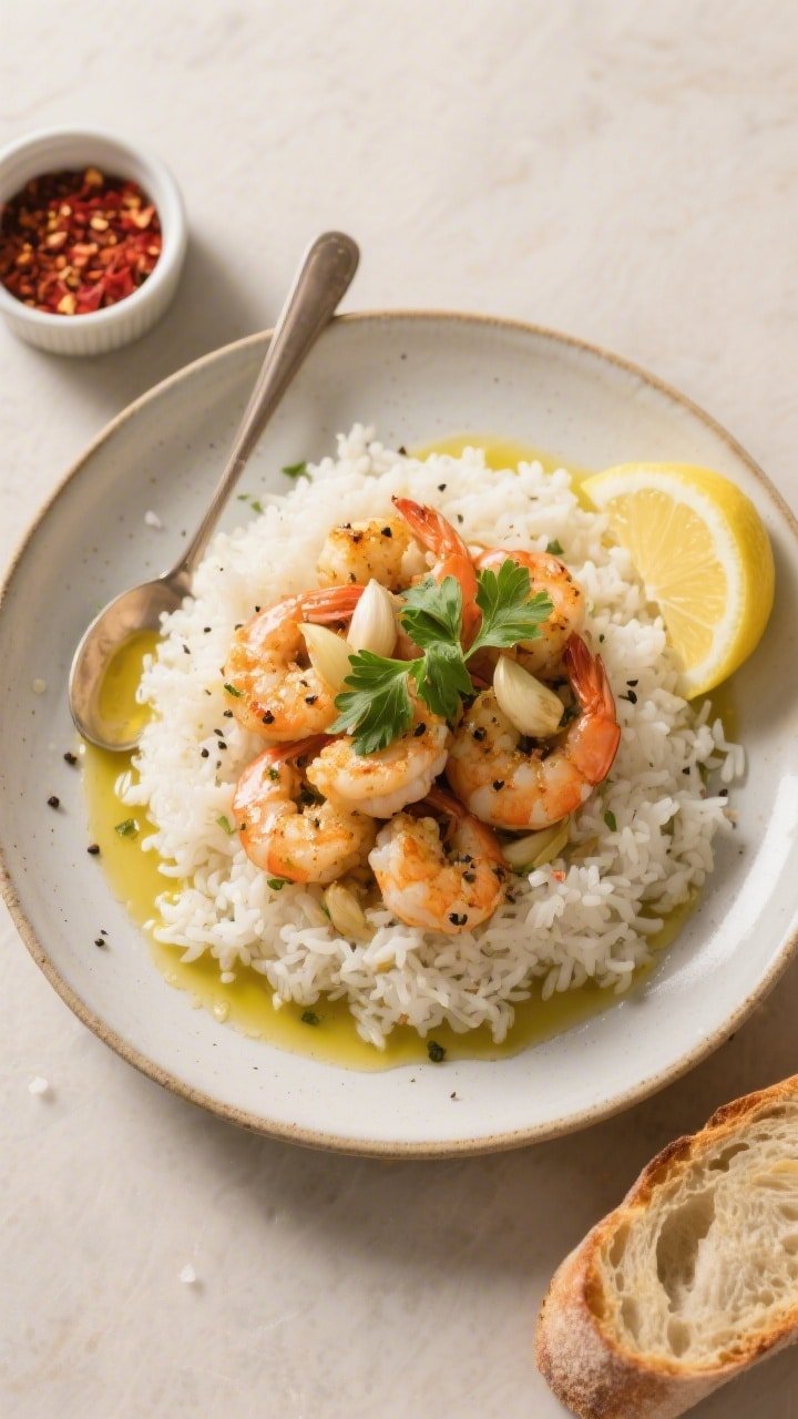 Final plated overhead shot: Restaurant-quality presentation of garlic butter air fryer shrimp piled 