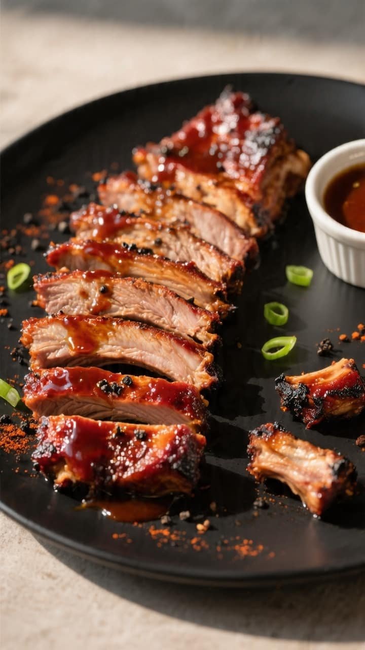 Final plated overhead: Sliced air fryer BBQ ribs arranged in a neat fan on a matte black platter, bo
