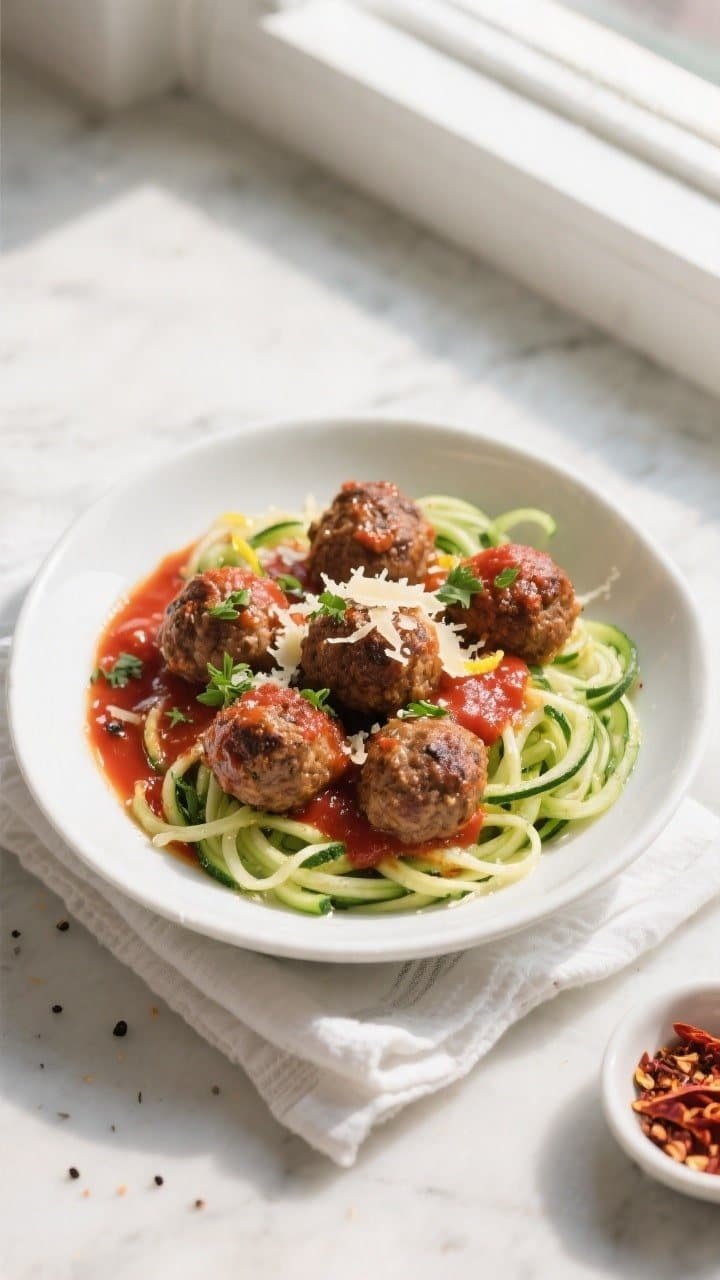 Final plated overhead: Tasty top-down shot of air-fried keto meatballs nestled in a shallow white bo