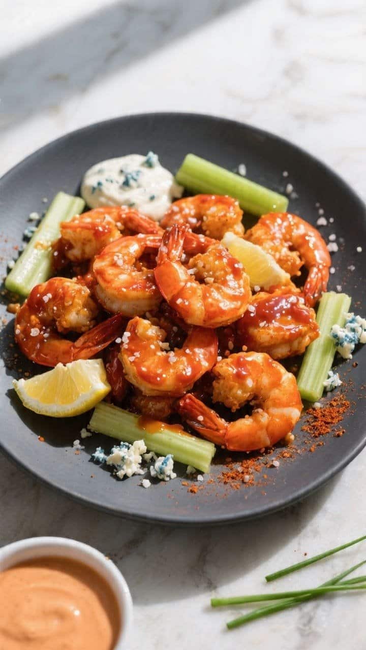 Final plated overhead: Tasty top-down shot of Buffalo shrimp piled on a matte charcoal plate, fully 