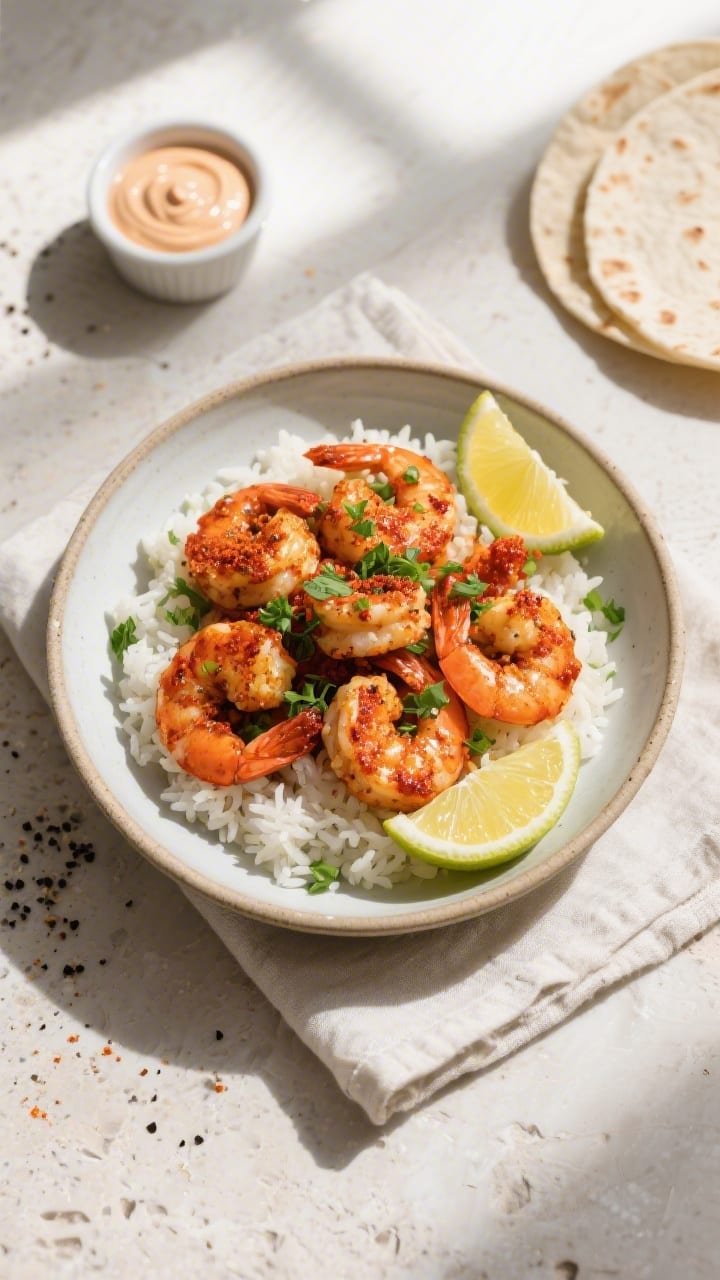 Final plated overhead: Tasty top-down shot of Cajun Air Fryer Shrimp piled over fluffy white rice in