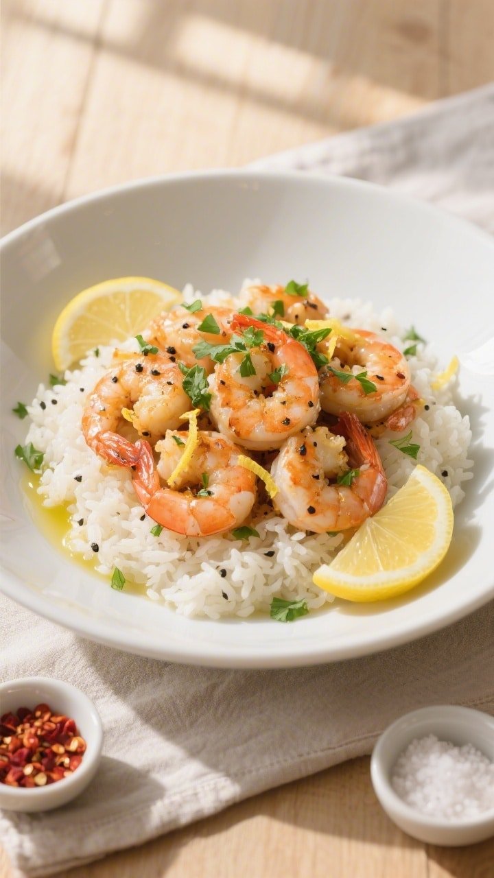 Final plated overhead: Tasty top-down shot of lemon pepper shrimp piled over fluffy white rice in a 