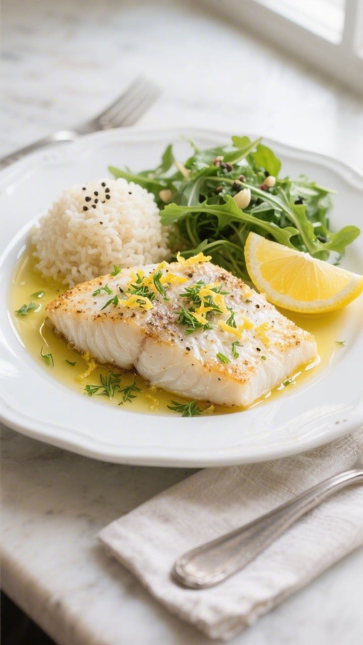 Final plated overhead: Tasty top-down shot of lemon pepper air fryer white fish on a white ceramic p