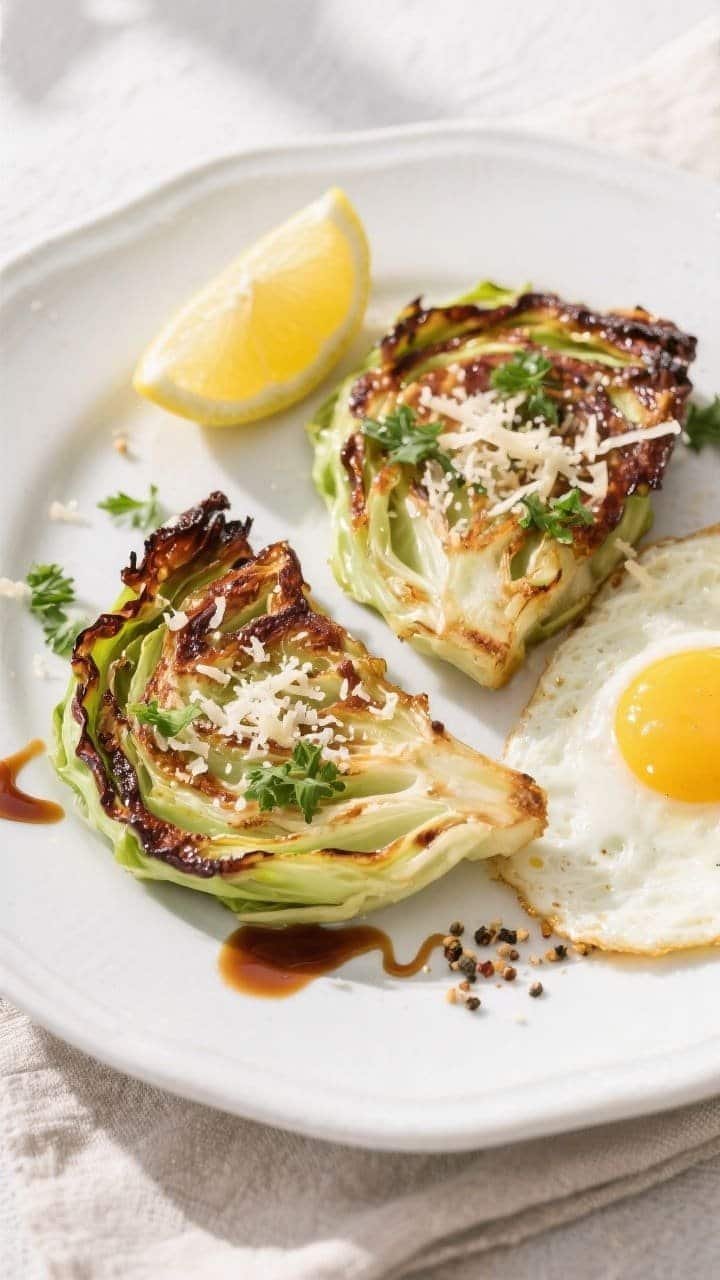 Final plated overhead: Tasty top-down shot of two air fryer keto cabbage steaks on a white ceramic p