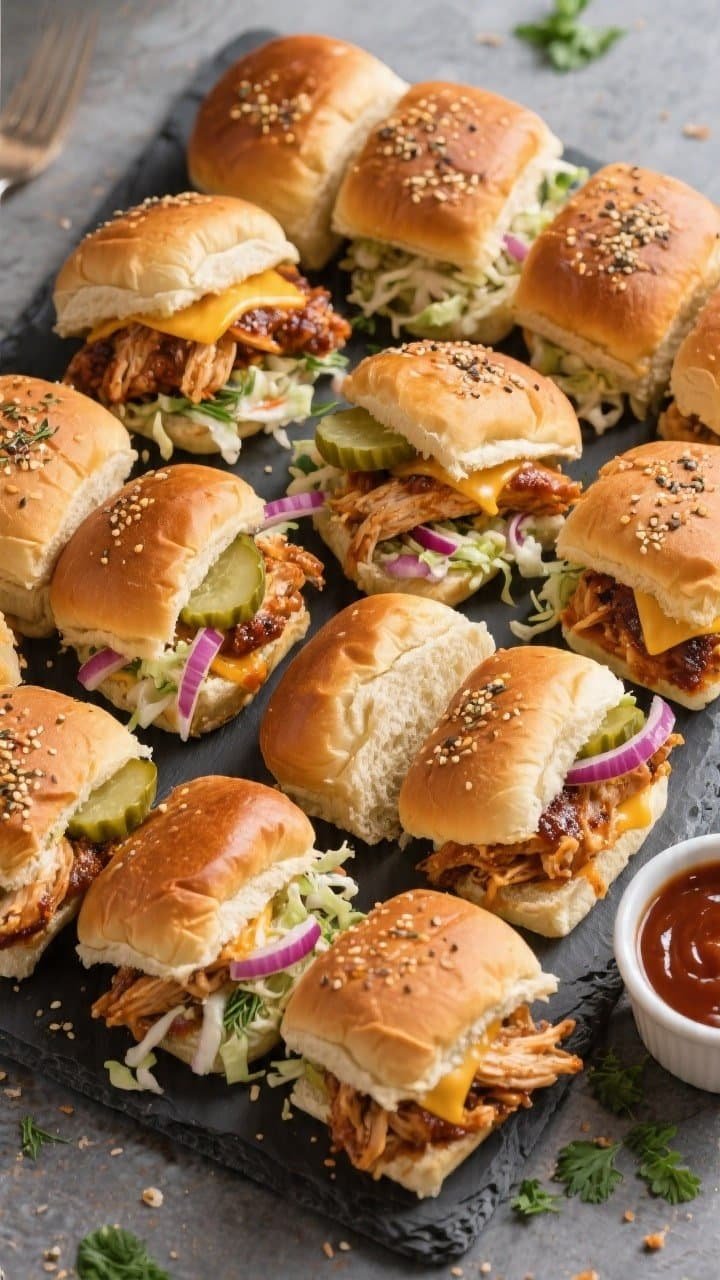 Final plated overhead: Tasty top-view of 12 BBQ chicken sliders sliced along the seams and arranged 