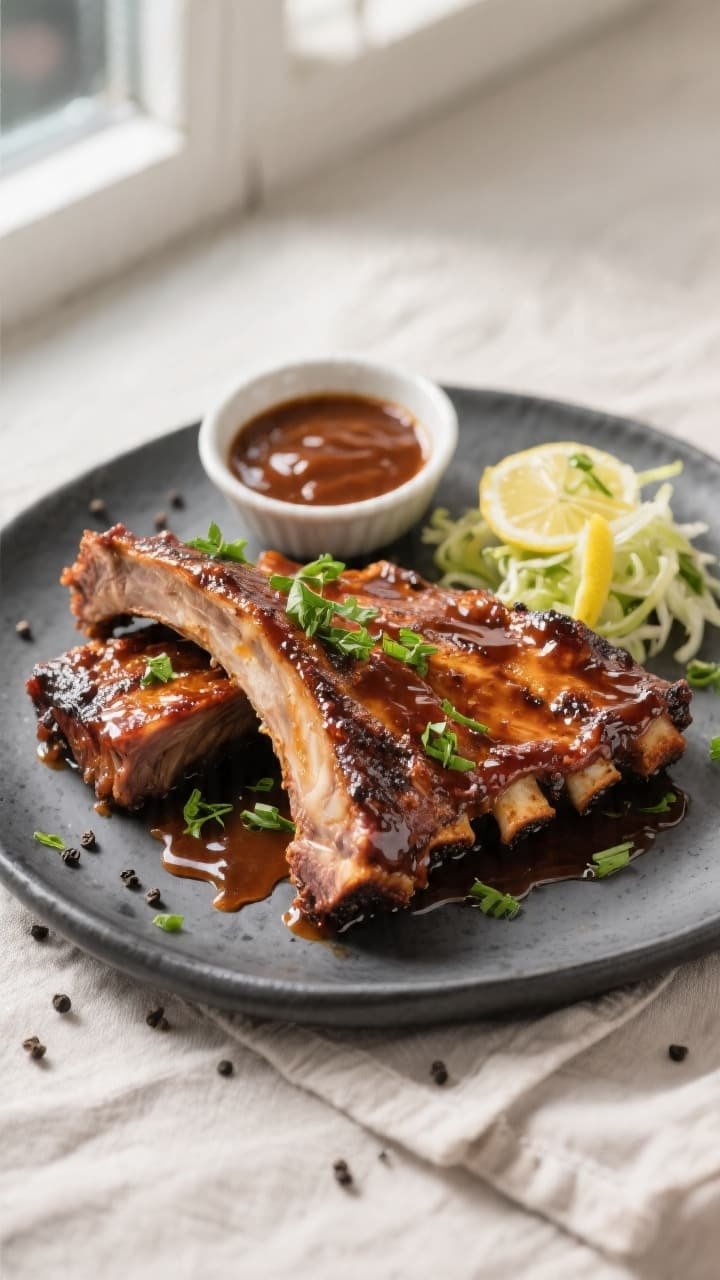 Final plated overhead: Tasty top view of saucy, air-fried BBQ beef short ribs arranged on a matte ch