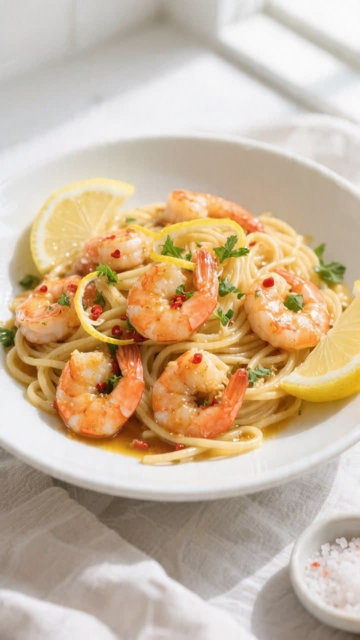 Final plated overhead: Tasty top view of shrimp scampi tossed with a glossy lemon-butter-wine sauce 