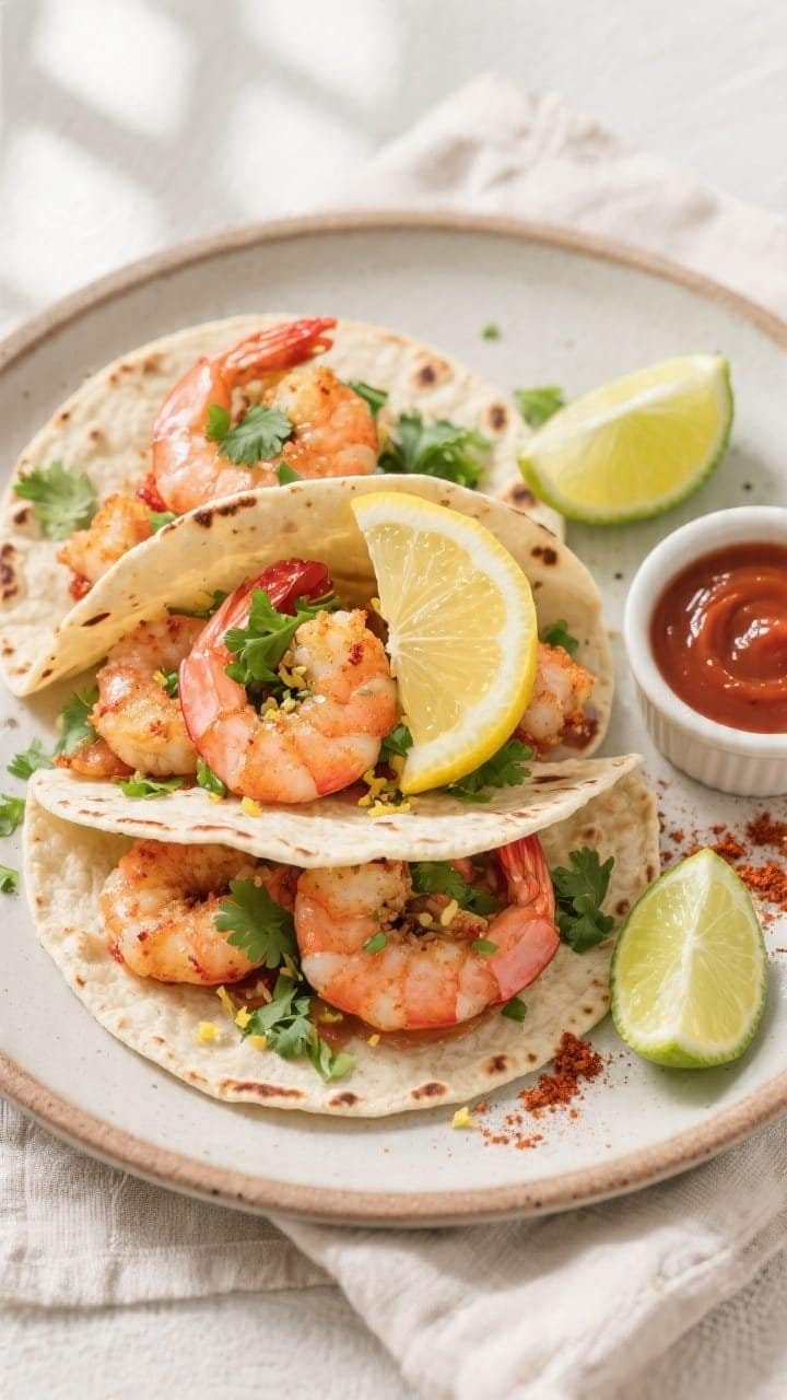 Final plated overhead: Top-down shot of crispy air fryer shrimp piled on warm tortillas for tacos, s