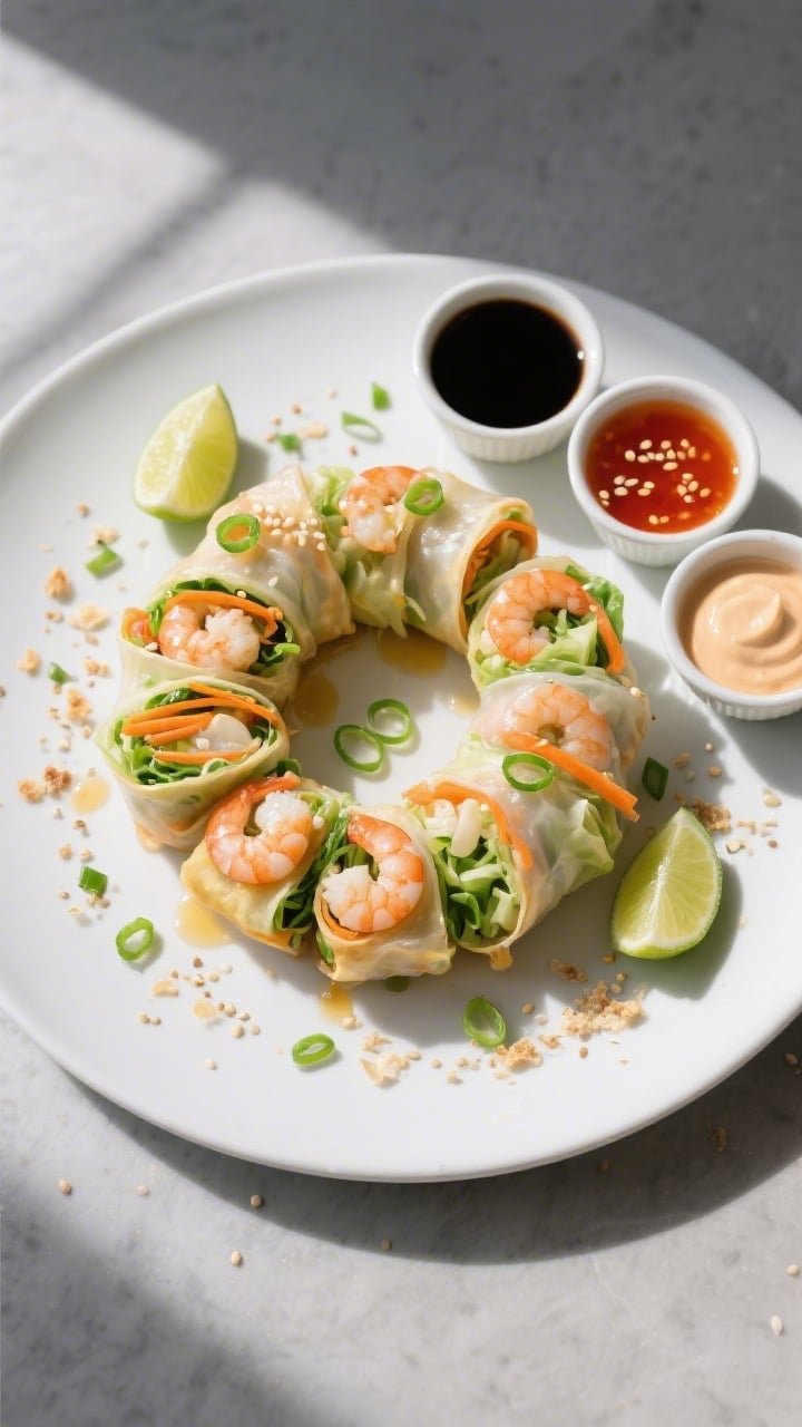 Final plated overhead: Top-down shot of sliced air fryer shrimp egg rolls arranged in a tight spiral