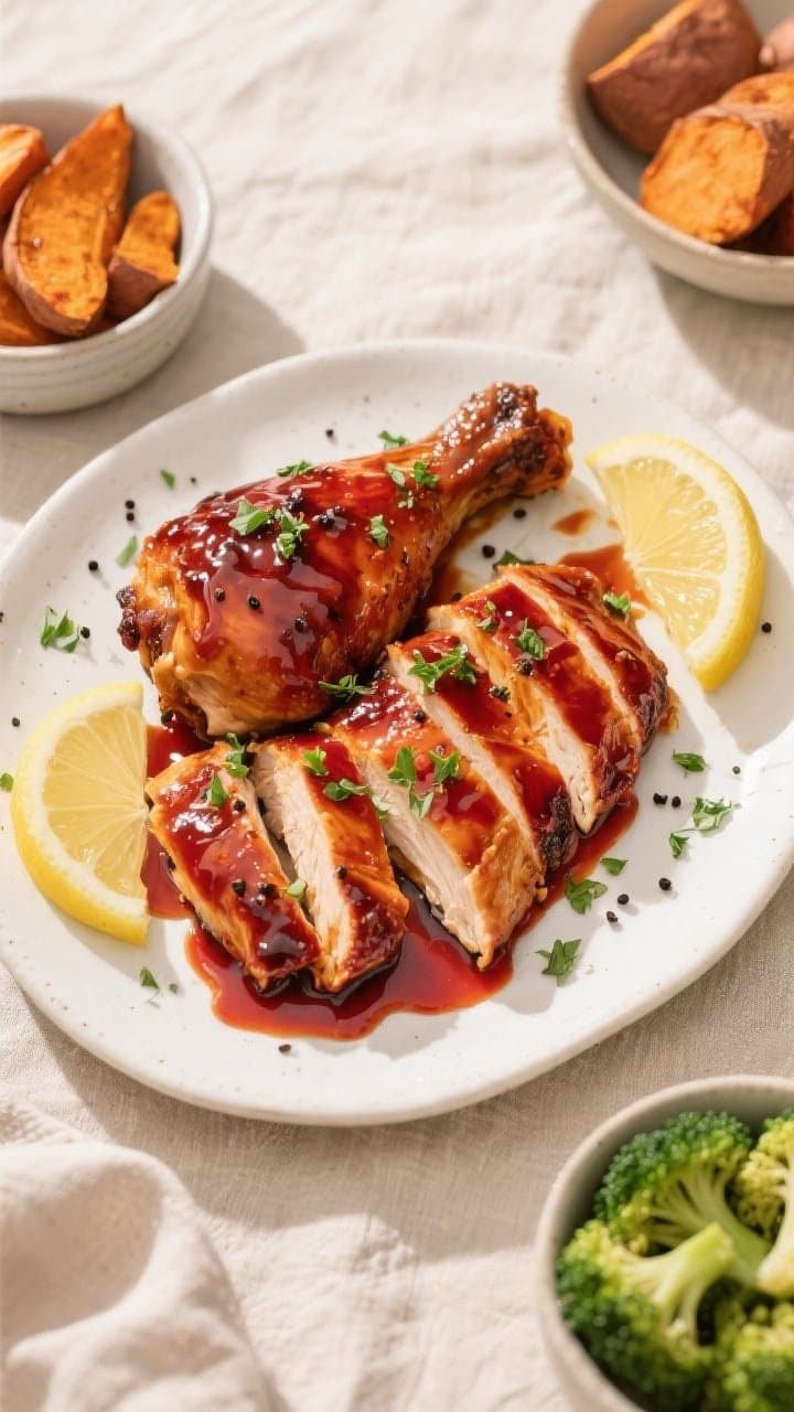 Final plated overhead: Top-down shot of sliced BBQ air fryer chicken breasts and thighs arranged fan