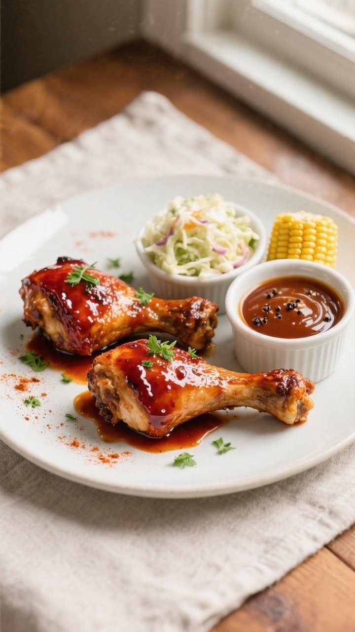 Final plated overhead: Top-down shot of two BBQ-glazed chicken leg quarters on a matte white plate, 